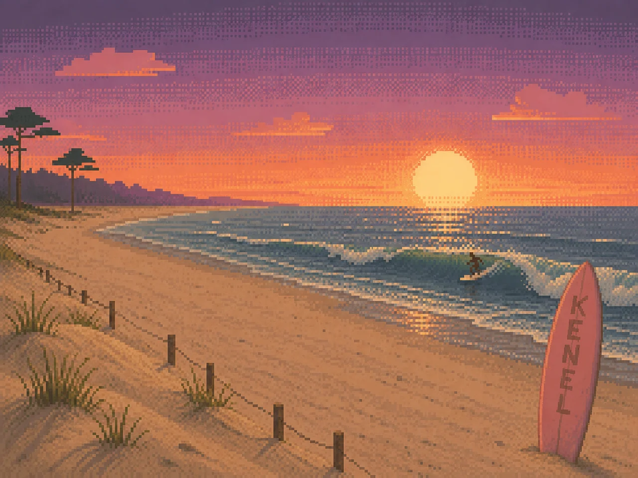 Low-contrast pixel-art sunset at the Landes beach, a surfboard in the sand.